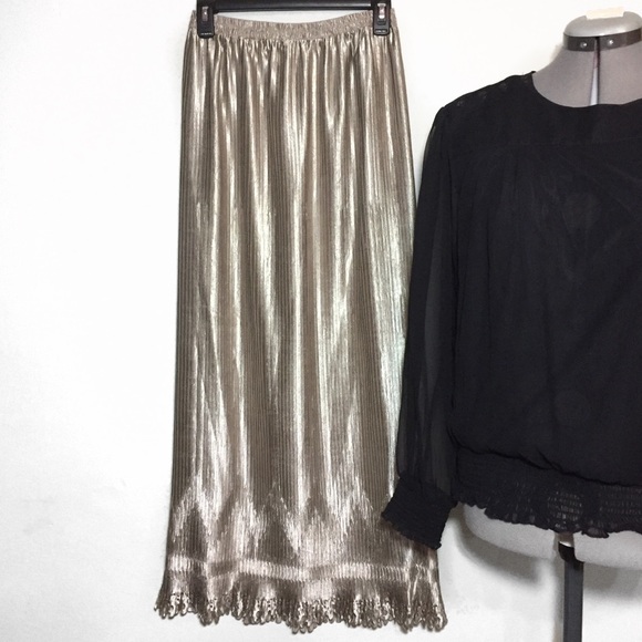 Vintage Dresses & Skirts - Vintage Gold Metallic Small Pleats Maxi Skirt S